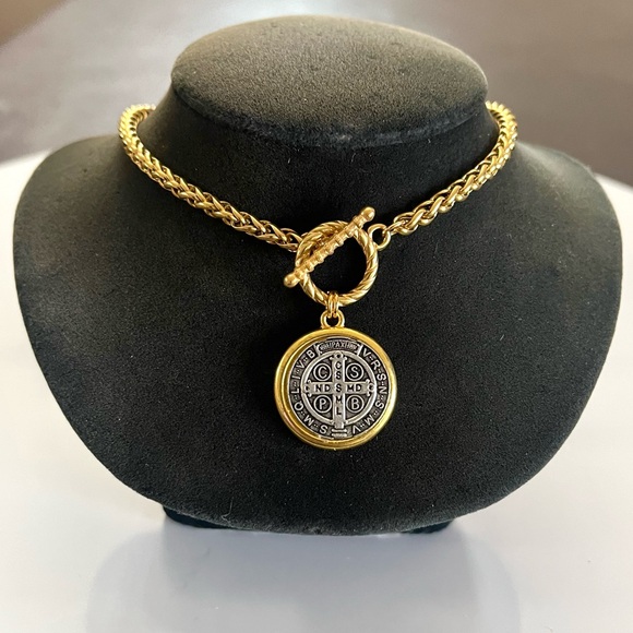 Handmade stainless steel gold color necklace with st Benedict medal charm - Picture 1 of 15